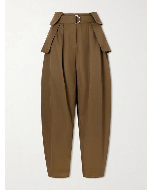 Loewe Green Belted Pleated Cotton And Silk-Blend Wide-Leg Pants