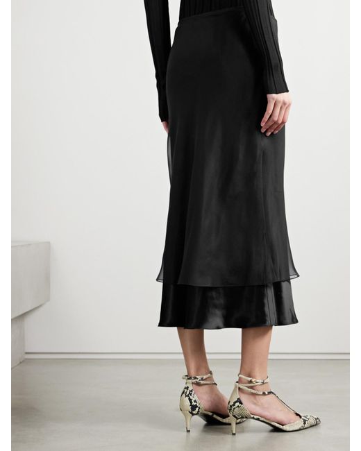 Khaite Black Monina Layered Satin And Organza Midi Skirt