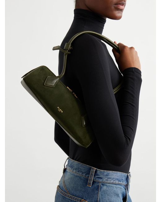 Alaïa Green Le Teckel Small Leather-Trimmed Suede Shoulder Bag