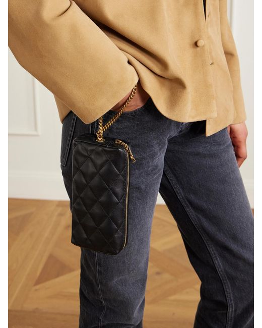 Saint Laurent Black Cassandre Bijou Quilted Textured-Leather Pouch