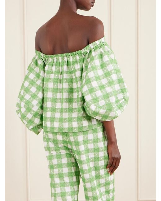 Rosie Assoulin Green Empire Balloon Off-The-Shoulder Checked Cotton Blouse