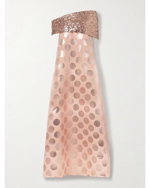 ‎Dima Ayad Pink Asymmetric Sequin-Embellished Draped Metallic Polka-Dot Brocade Gown