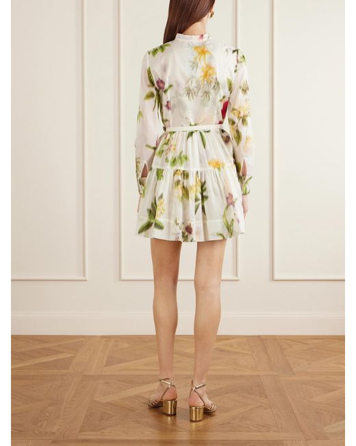 Oscar de la Renta White Belted Floral-Print Cotton-Voile Mini Dress