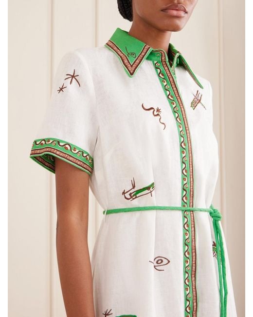 ALÉMAIS Natural Wanda Belted Embroidered Linen Midi Shirt Dress