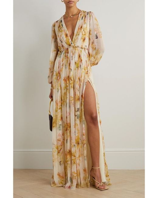 Costarellos Metallic Gianna Floral-Print Ruched Pleated Georgette Gown