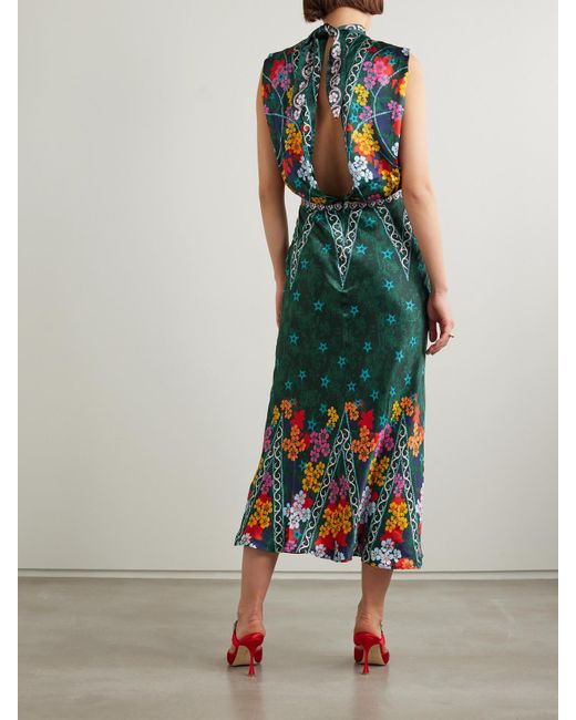 Saloni Green Fleur Open-Back Printed Silk-Satin Midi Dress