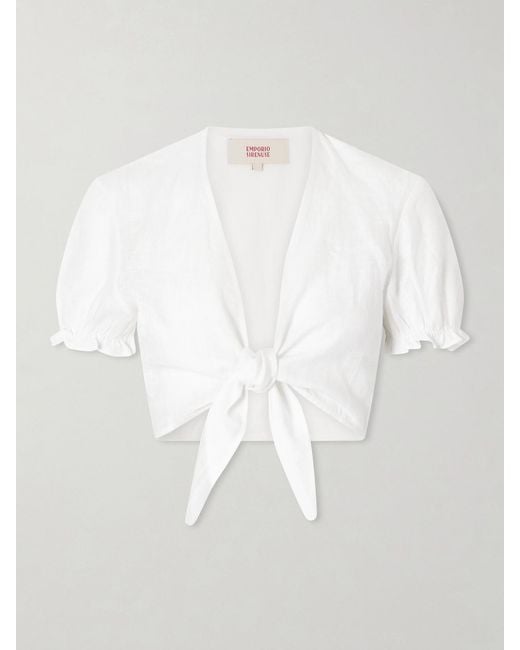 Emporio Sirenuse White Poppy Knotted Linen Cropped Top