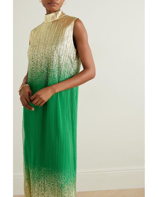 Dima Ayad Green Metallic Plissé-Tulle Gown And Cape Set