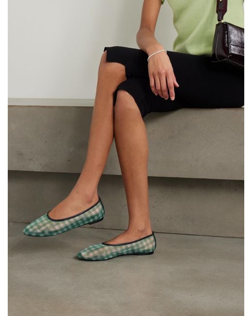 Staud Green Alba Leather-Trimmed Gingham Mesh Ballet Flats