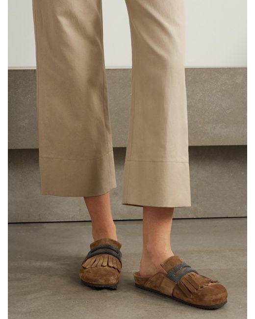 Brunello Cucinelli Brown Fussbett Bead-Embellished Fringed Suede Slippers