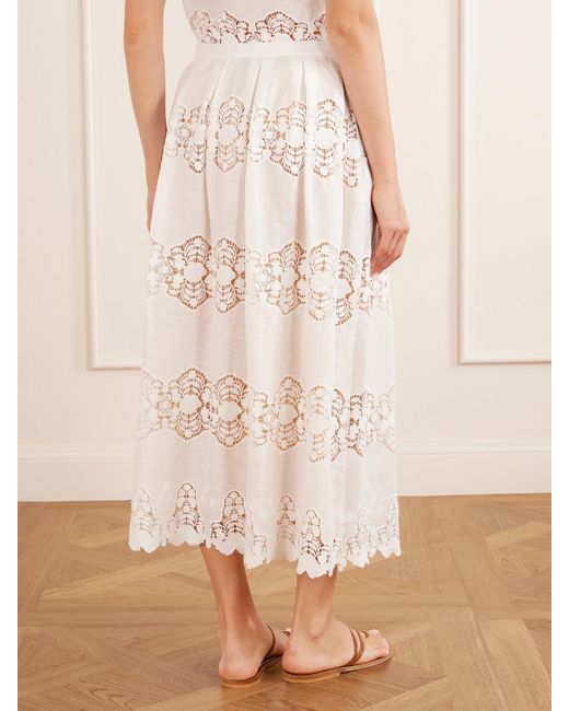 Miguelina White Carissa Embroidered Cotton And Linen-Blend Midi Skirt