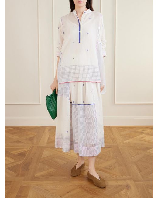 Eka White Cosmos Handwoven Cotton-Jamdani Blouse Patched With Printed Stripes