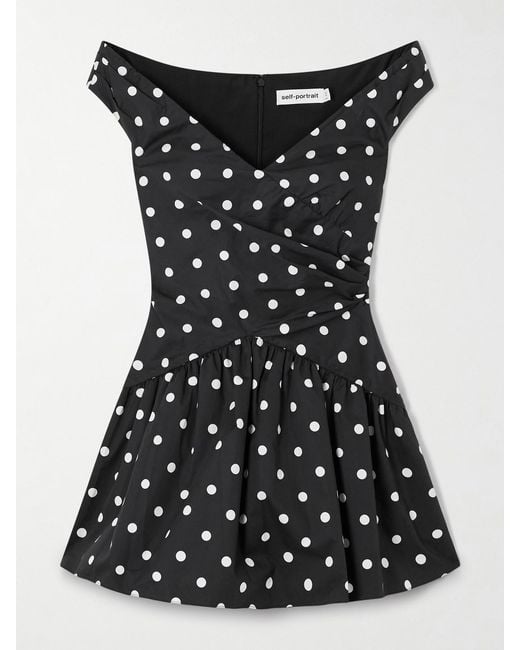 Self-Portrait Black Off-The-Shoulder Polka-Dot Cotton Mini Dress