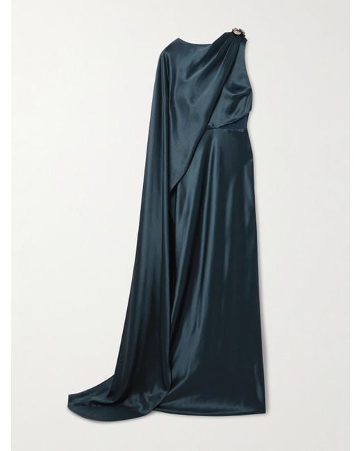 Saloni Blue Phoenix Cape-Effect Crystal-Embellished Draped Satin Gown