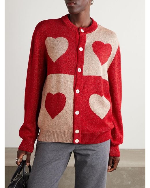 Bode Red Two-Tone Lamé Cardigan