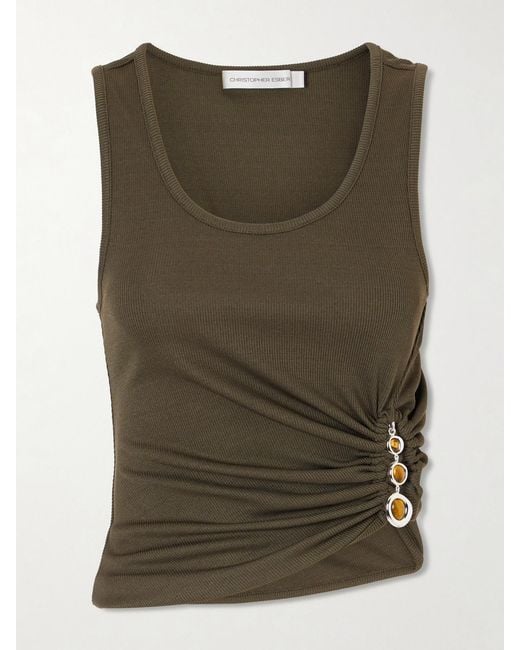 Christopher Esber Green Droplet Embellished Ruched Ribbed-Jersey Tank
