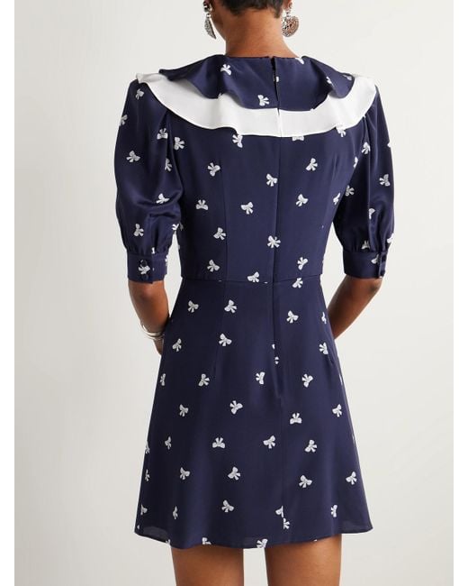 Alessandra Rich Blue Ruffled Pleated Printed Silk Mini Dress