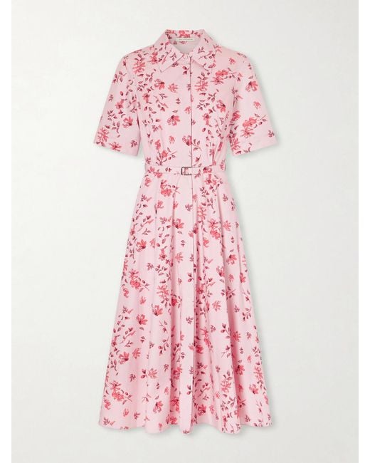 Emilia Wickstead Pink Rubie Belted Floral-Print Organic Cotton-Poplin Midi Dress