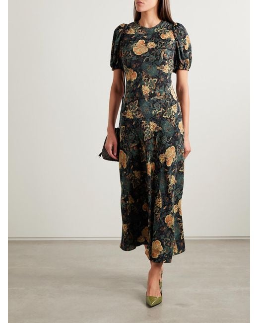Ulla Johnson Black Ines Floral-Print Silk Crepe De Chine Midi Dress