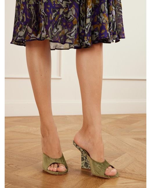 Dries Van Noten Green Snake-Effect Leather-Trimmed Velvet-Moire Sandals