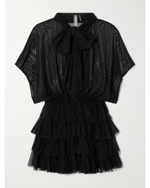 norma kamali lauren tie neck ruffled stretch mesh mini dress NORMA KAMALI Lauren Tie-neck Ruffled Stretch-mesh Mini Dress - 1647597356015617