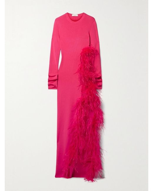 LAPOINTE Pink Cutout Feather-Trimmed Stretch-Knit Maxi Dress