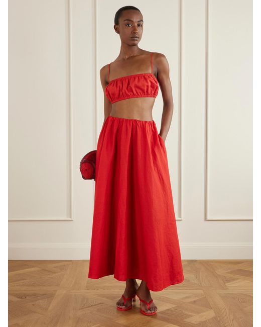 Staud Red Freja Embellished Leather Thong Sandals