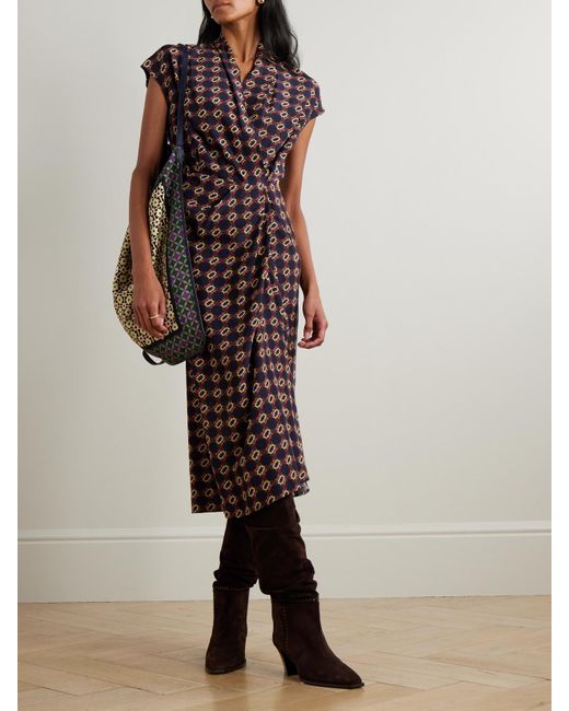 Dries Van Noten Brown Midikleid Aus Bedrucktem Seiden-Crêpe Mit Wickeleffekt