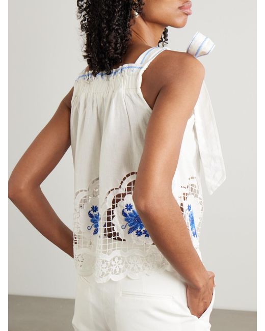 Farm Rio Blue Daisy Embroidered Linen-Blend Gauze And Lace Top