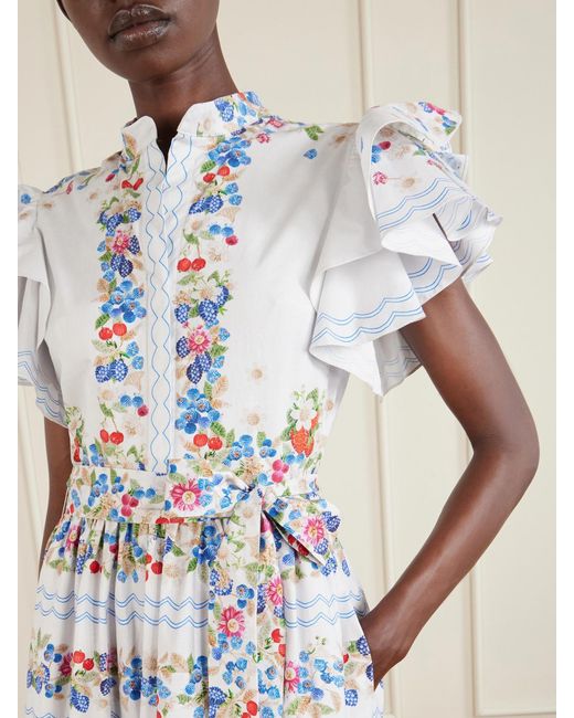 Mary Katrantzou White Belted Floral-Print Cotton-Blend Midi Dress