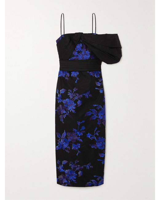 Erdem Blue One-Shoulder Embroidered Cotton-Faille Midi Dress
