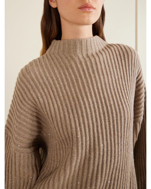 Brunello Cucinelli Natural Sequined Ribbed-Knit Sweater