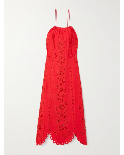 Farm Rio Red Embellished Broderie Anglaise Linen-Blend Midi Dress