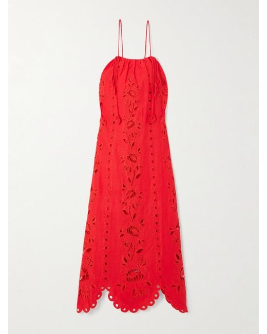 Farm Rio Red Midikleid Aus Einer Leinenmischung Mit Lochstickerei Mit Verzierungen