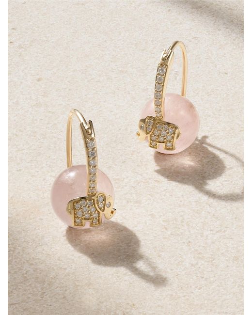 Sydney Evan Natural Elephant 14-Karat, Rose Quartz And Diamond Earring