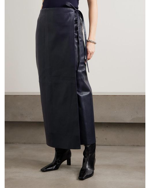 Nour Hammour Blue Paneled Leather Maxi Wrap Skirt