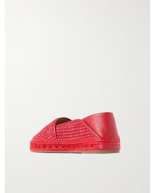 Manolo Blahnik Red Espadra Collapsible-Heel Leather-Trimmed Raffia Espadrilles