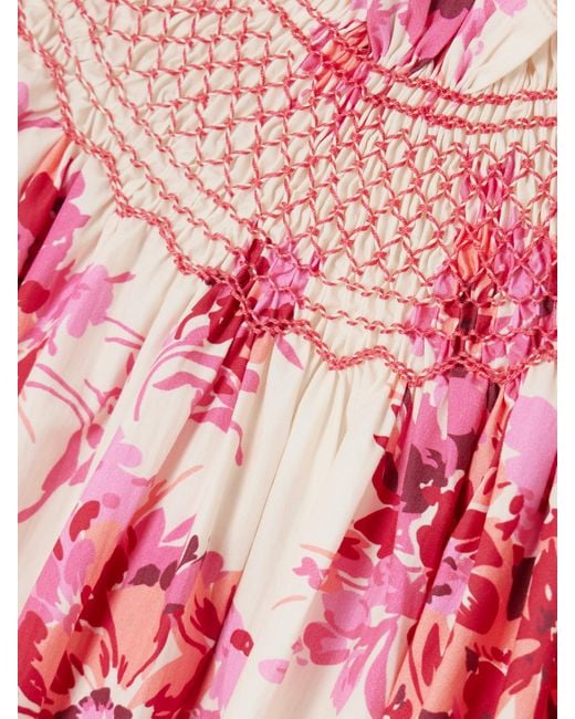 Loretta Caponi Pink Delfina Ruffled Smocked Floral-Print Cotton Maxi Dress