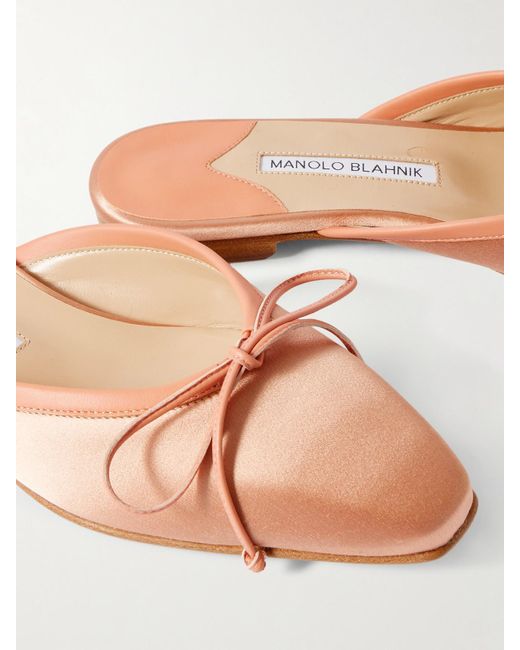 Manolo Blahnik Natural Ballerimu Bow-Detailed Leather-Trimmed Satin Mules