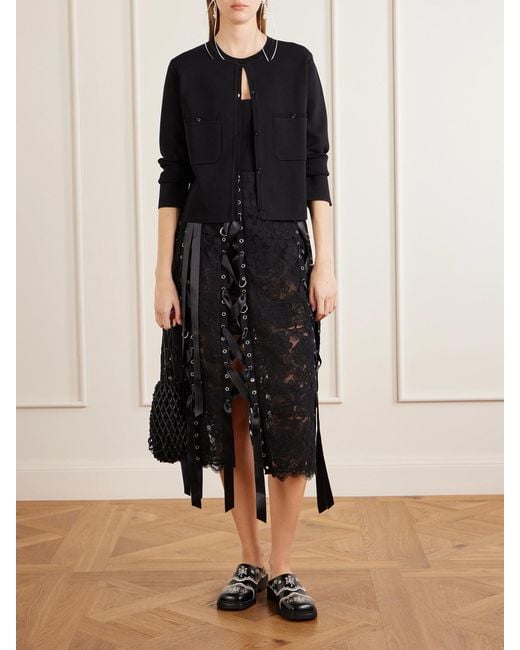 Simone Rocha Black Unraveling Ribbon Ring Asymmetric Embellished Lace And Satin Midi Skirt