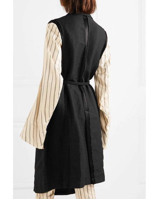 Ann Demeulemeester Black Satin-Paneled Linen-Blend Twill Coat
