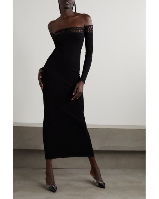 Alaïa Black Archetypes Convertible Off-The-Shoulder Stretch-Knit Midi Dress