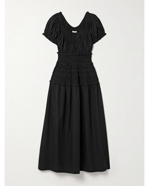Doen Black Leanne Shirred Organic Cotton-Poplin Midi Dress