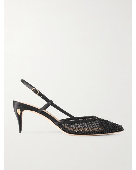 JENNIFER CHAMANDI Black Mario 65 Satin-Trimmed Crystal-Embellished Mesh Slingback Pumps