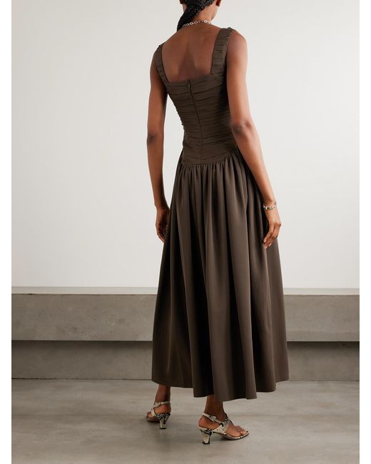Abadia Brown Kaia Ruched Gathered Chiffon And Twill Midi Dress
