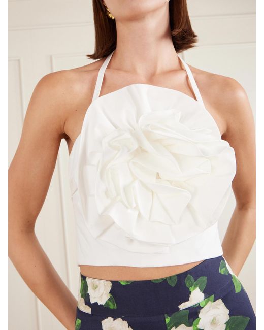 Carolina Herrera White Floral-Appliquéd Cotton-Blend Halterneck Top