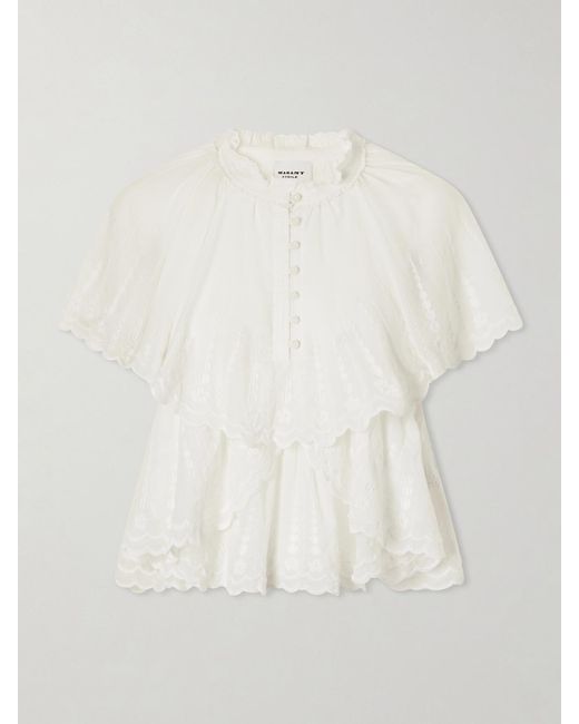 Isabel Marant White Lorna Ruffled Embroidered Cotton Blouse