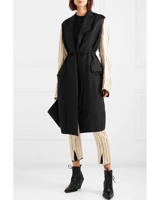 Ann Demeulemeester Black Satin-Paneled Linen-Blend Twill Coat