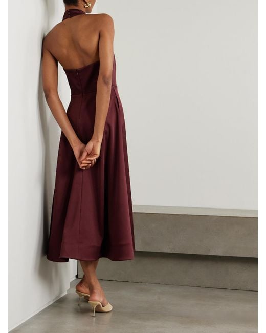Rebecca Vallance Purple Cutout Bow-Detailed Duchesse-Satin Halterneck Midi Dress