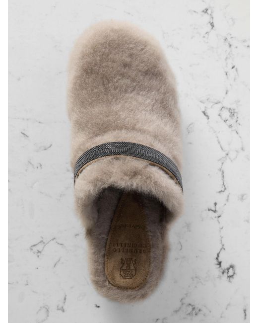 Brunello Cucinelli Brown Clogs Aus Shearling Mit Zierperlen